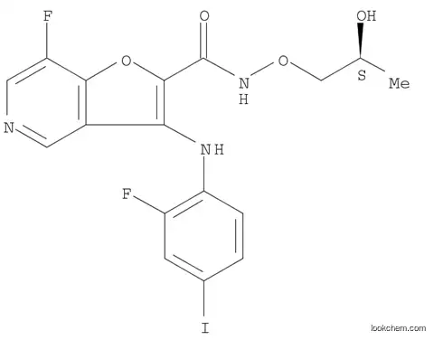 Molecular Structure of 1009333-44-1 (Furo[3,2-c]pyridine-2-carboxamide, 7-fluoro-3-[(2-fluoro-4-iodophenyl)amino]-N-[(2S)-2-hydroxypropoxy]-)